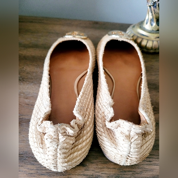 Tory Burch Reva Textured Snake Leather Ballet Flat Shoes Natural Sand US8 - Picture 6 of 16